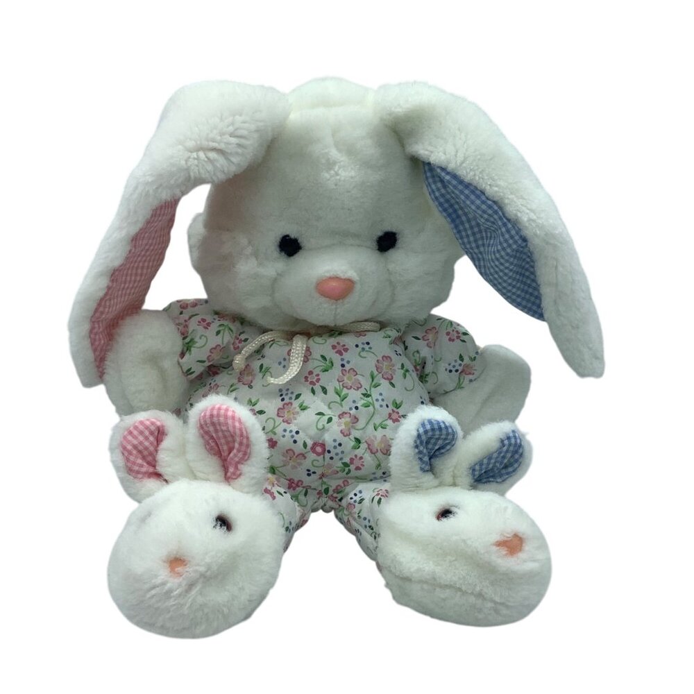 Vtg Happiness Always White‎ Plush Bunny Rabbit Puppet 15" Floral Quilted Easter